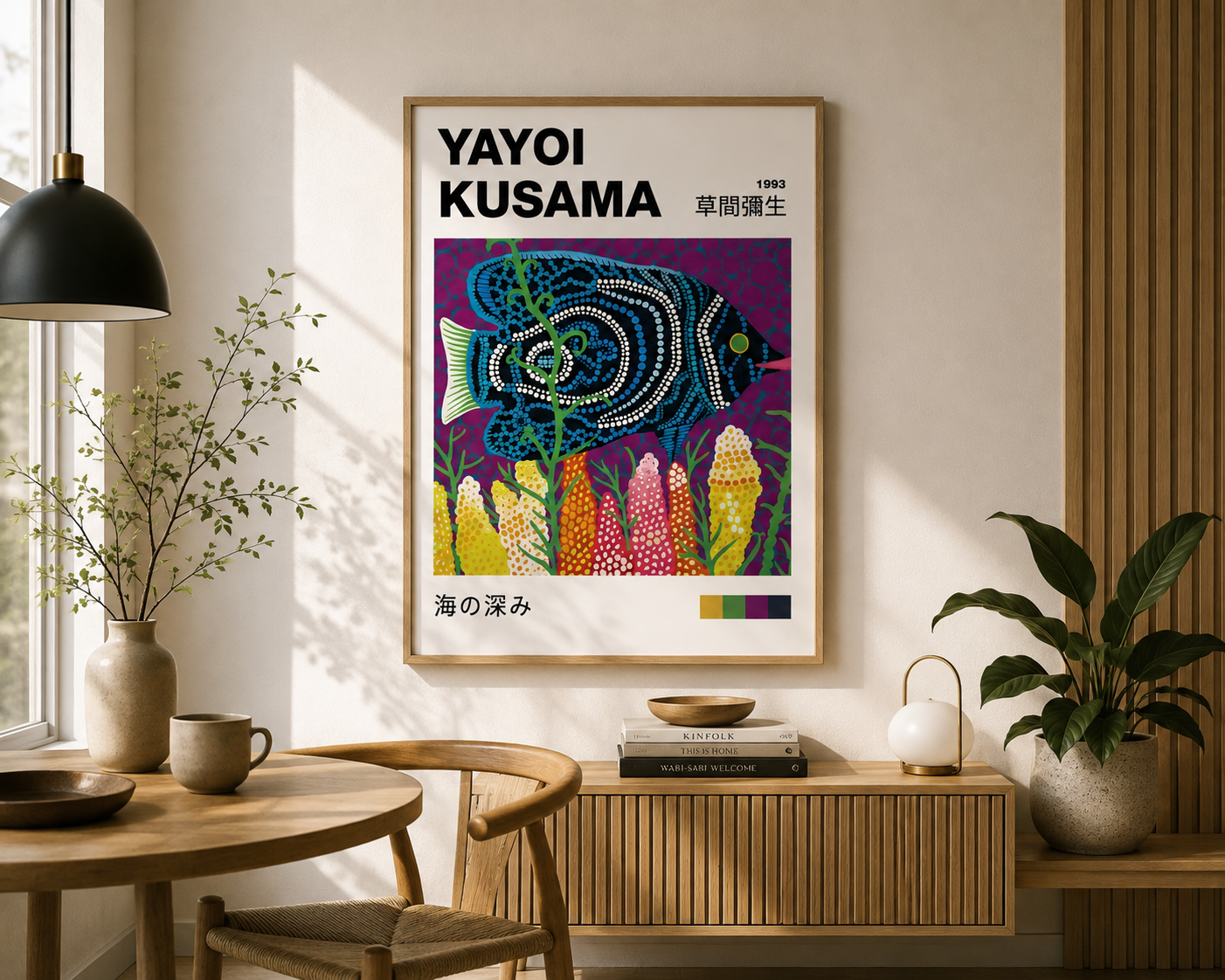 A framed art print featuring Yayoi Kusama's 'Sea's Deep' (海の深み) poster is displayed on a warm beige wall in a modern, sunlit room with a wooden console table, plants, and a black pendant lamp.