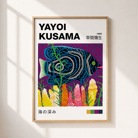 A framed art print featuring Yayoi Kusama's 1993 painting 'Sea Depth' (海的深み) with a blue dot-patterned fish on a purple background, displayed on a light beige wall with soft window shadows.