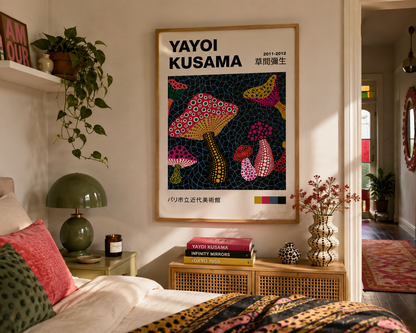 A framed Yayoi Kusama poster featuring colorful mushroom illustrations hangs on a bedroom wall above a bed. The room includes a green lamp, shelf with plants, books, and a vase, with warm natural light coming from an adjacent room.