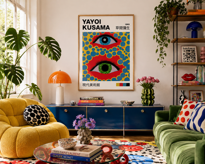 A framed Yayoi Kusama art print hangs on a white wall in a vibrant, styled living room. The poster features a colorful pattern of stylized eyes and is surrounded by modern furniture including a yellow armchair, a green sofa, and a blue cabinet.