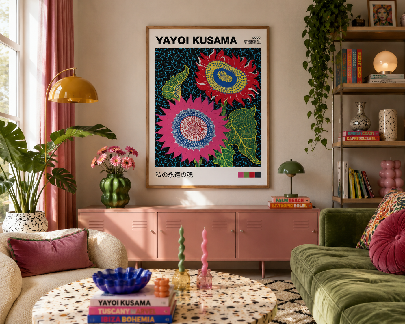 A framed art print of Yayoi Kusama's 'Private Landscape No. 5' hangs on a beige wall in a cozy, retro-styled living room with a pink cabinet, green sofa, and patterned coffee table.