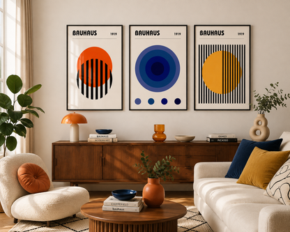Three framed Bauhaus-style art prints hang above a wooden console in a styled living room with a cream sofa, orange accent pillow, and decorative vases.