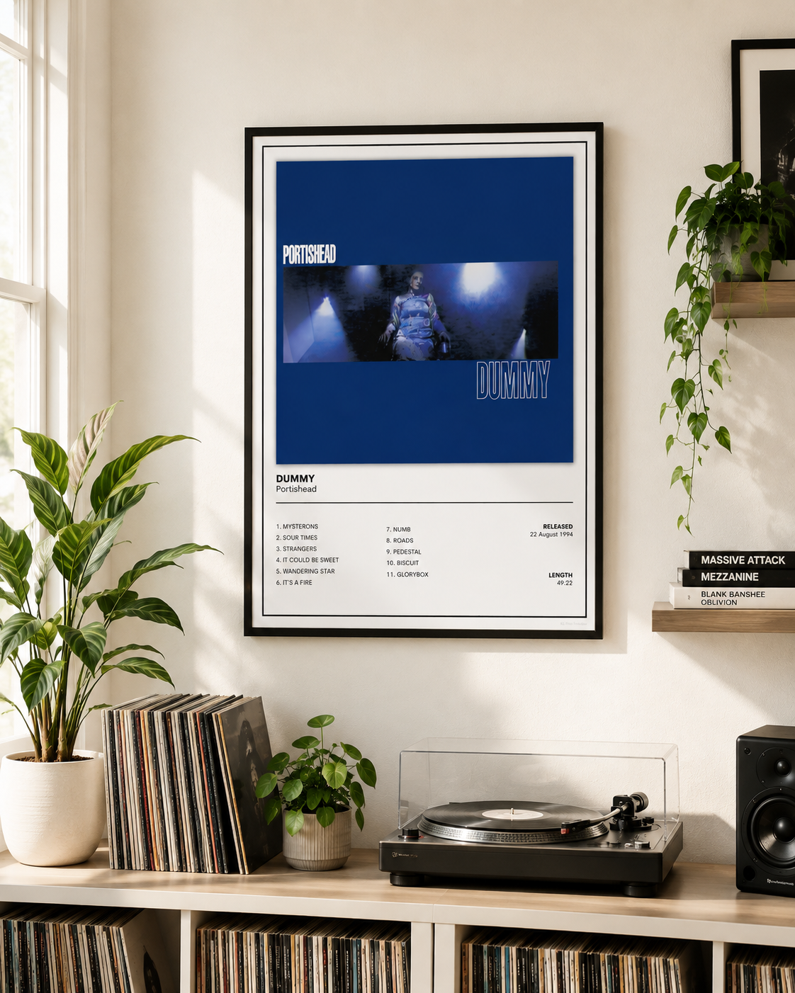 A framed music poster for Portisheads' album 'Dummy' is displayed on a warm beige wall above a wooden shelf with vinyl records, a turntable, and potted plants.