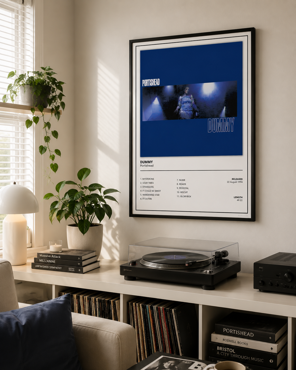 A framed music poster for Portishead's 'Dummy' hangs on a wall in a styled living room above a record shelf with a turntable and plants.