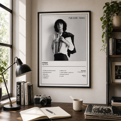A framed black-and-white music poster of Patsy Smith Horses hangs on a beige wall in a styled room with a desk, lamp, books, camera, mug, and shelving.