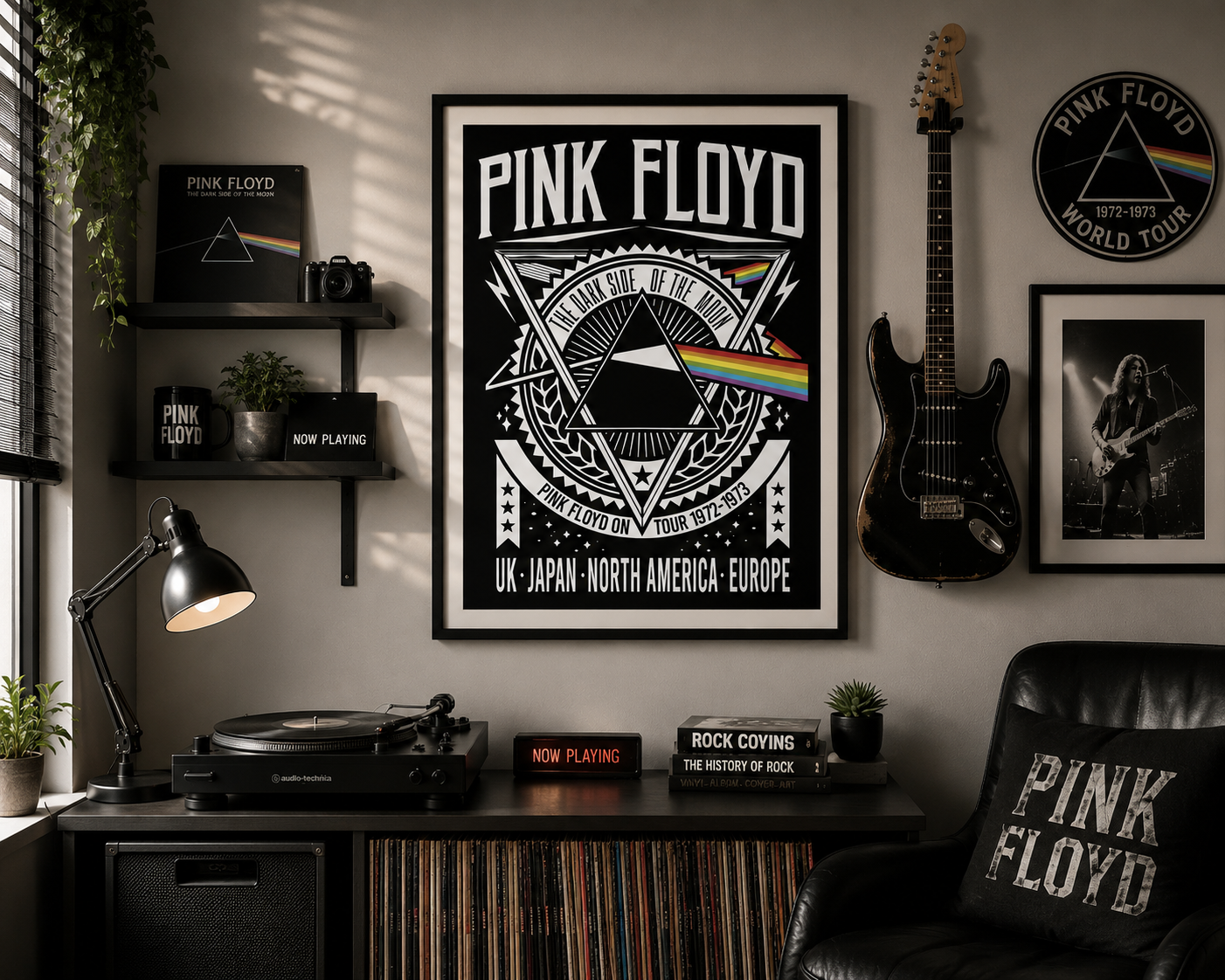 A framed Pink Floyd poster hangs on a wall in a styled room with a guitar, record player, shelves, and a chair. The poster is black and white with a rainbow prism graphic and the text 'Pink Floyd' and 'The Dark Side of the Moon'.