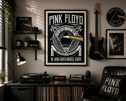 A framed Pink Floyd poster hangs on a wall in a styled room with a guitar, record player, shelves, and a chair. The poster is black and white with a rainbow prism graphic and the text 'Pink Floyd' and 'The Dark Side of the Moon'.