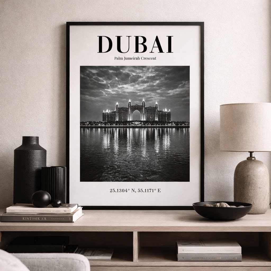 Dubai Palm Jumeirah Crescent Monochrome Poster