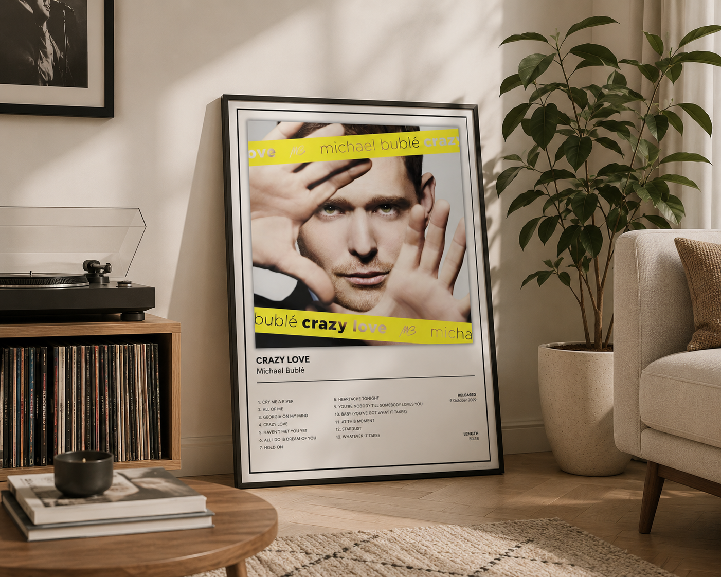 Michael Bublé Crazy Love album artwork wall print in a stylish Scandinavian-inspired home office, perfect for music lovers and gallery walls.