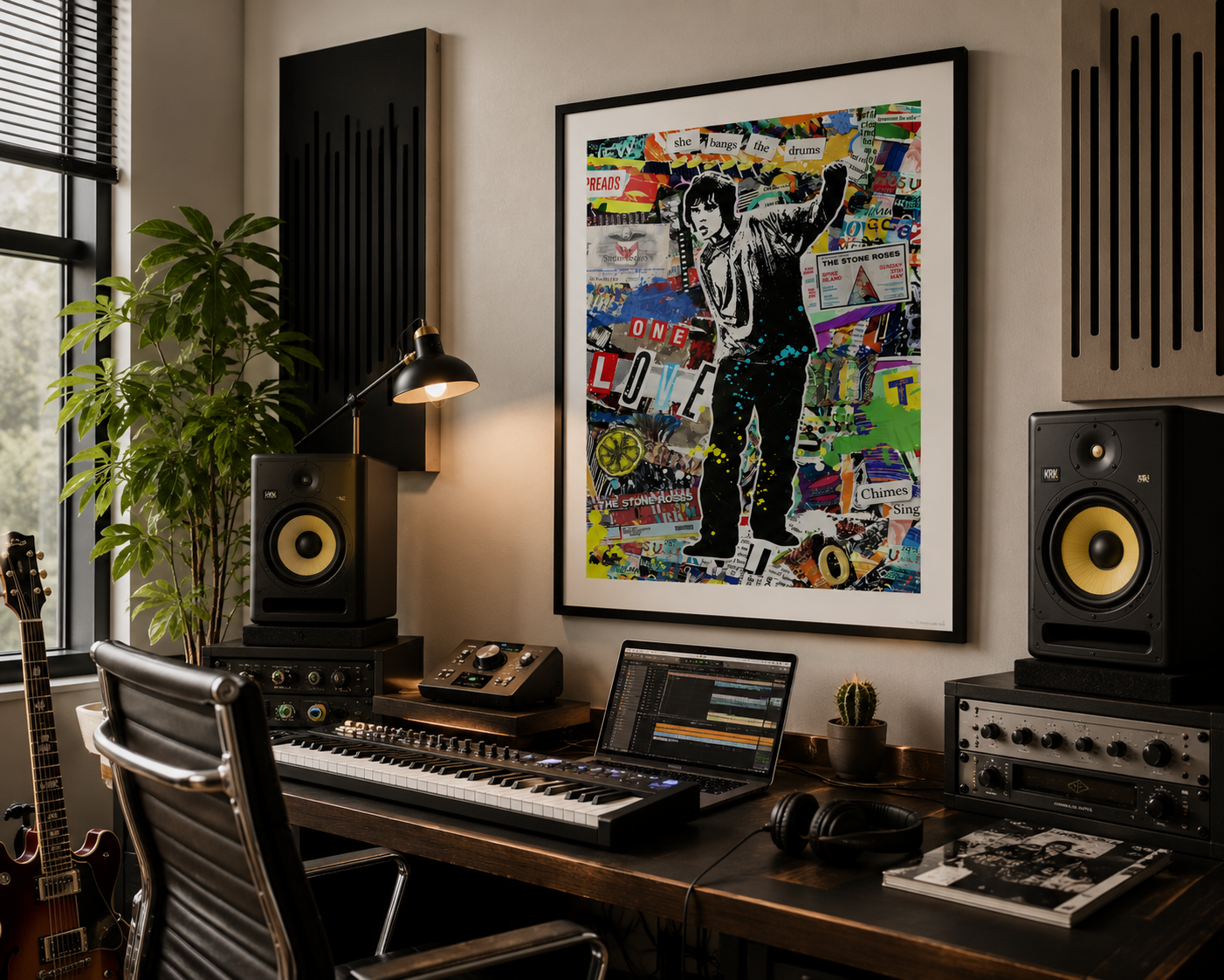 Colourful Ian Brown and Stone Roses collage artwork styled in a modern home music studio with recording equipment.