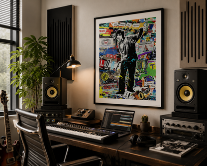 Colourful Ian Brown and Stone Roses collage artwork styled in a modern home music studio with recording equipment.