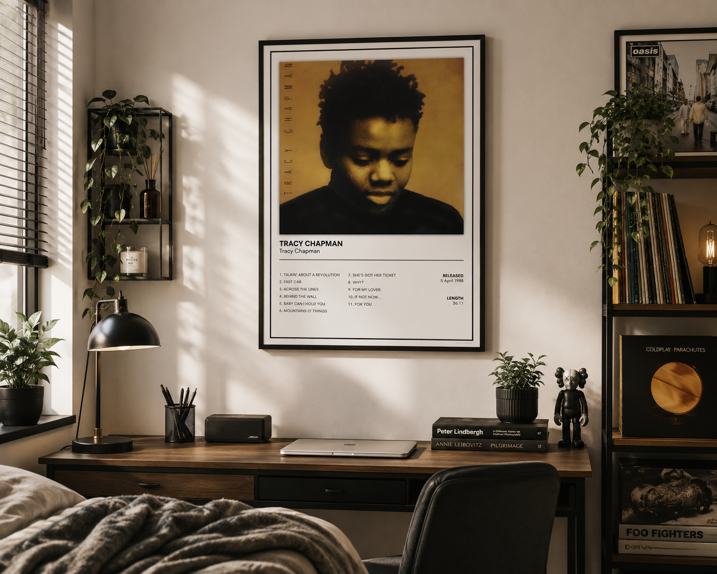 Minimalist Tracy Chapman album poster with the full track listing, professionally framed in a modern home office and music room setting.