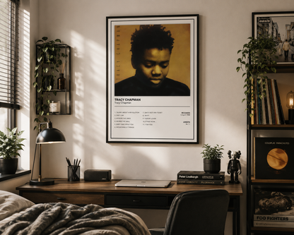 Minimalist Tracy Chapman album poster with the full track listing, professionally framed in a modern home office and music room setting.