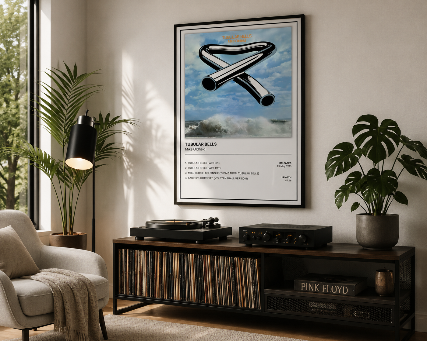 Minimalist Mike Oldfield Tubular Bells album cover print with full track listing, professionally framed for stylish music-inspired home décor.