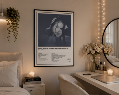 Framed Lana Del Rey Ocean Blvd music poster styled in a modern minimalist home with neutral décor.