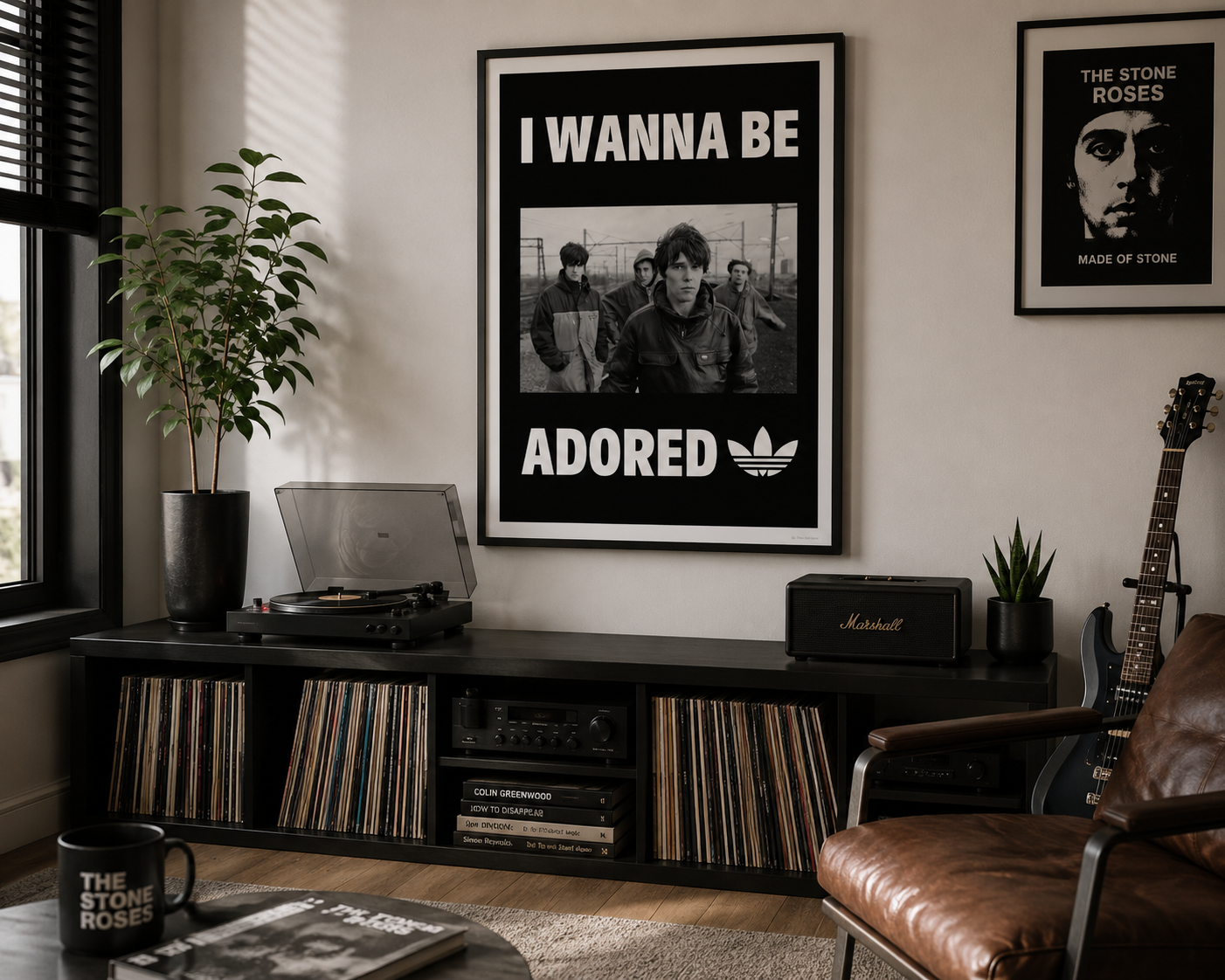 Black and white The Stone Roses wall art featuring "I Wanna Be Adored" displayed in a stylish modern bedroom with clean, minimalist décor.