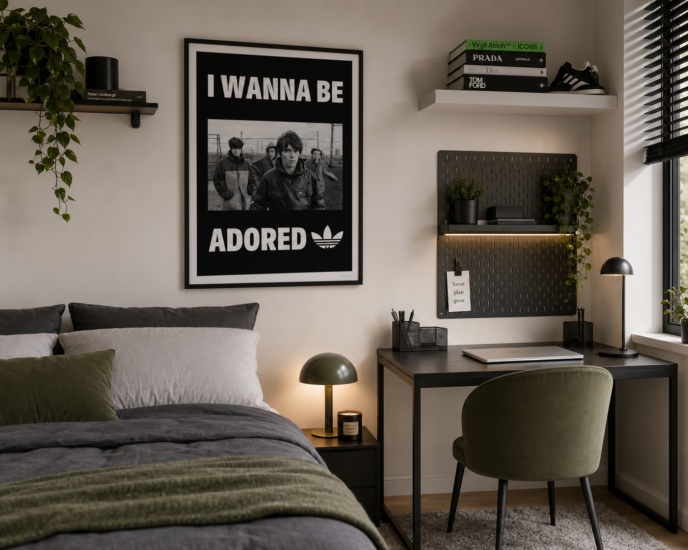 Framed Stone Roses "I Wanna Be Adored" music poster styled above a contemporary bedroom workspace, perfect for indie rock and Britpop fans.