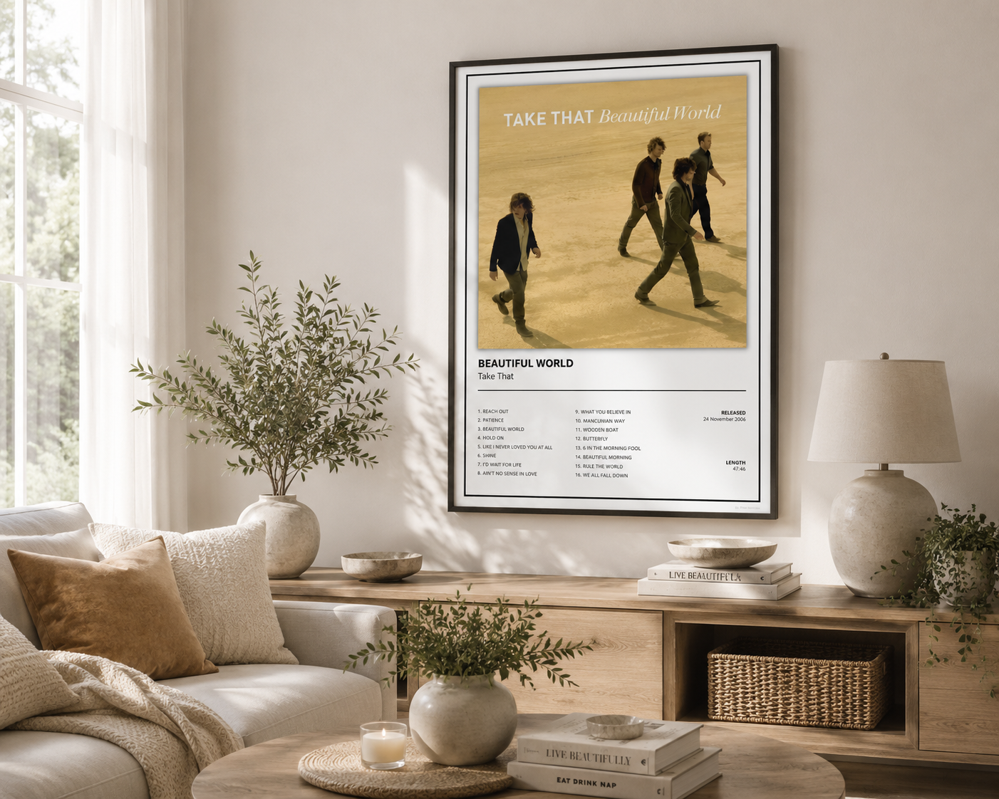 Modern Take That Beautiful World music poster featuring the classic album artwork, ideal for living rooms, bedrooms, music rooms and gallery walls.
