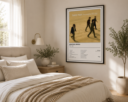 Minimalist Take That Beautiful World album cover print inspired by the legendary comeback album, perfect for modern music-inspired home décor.