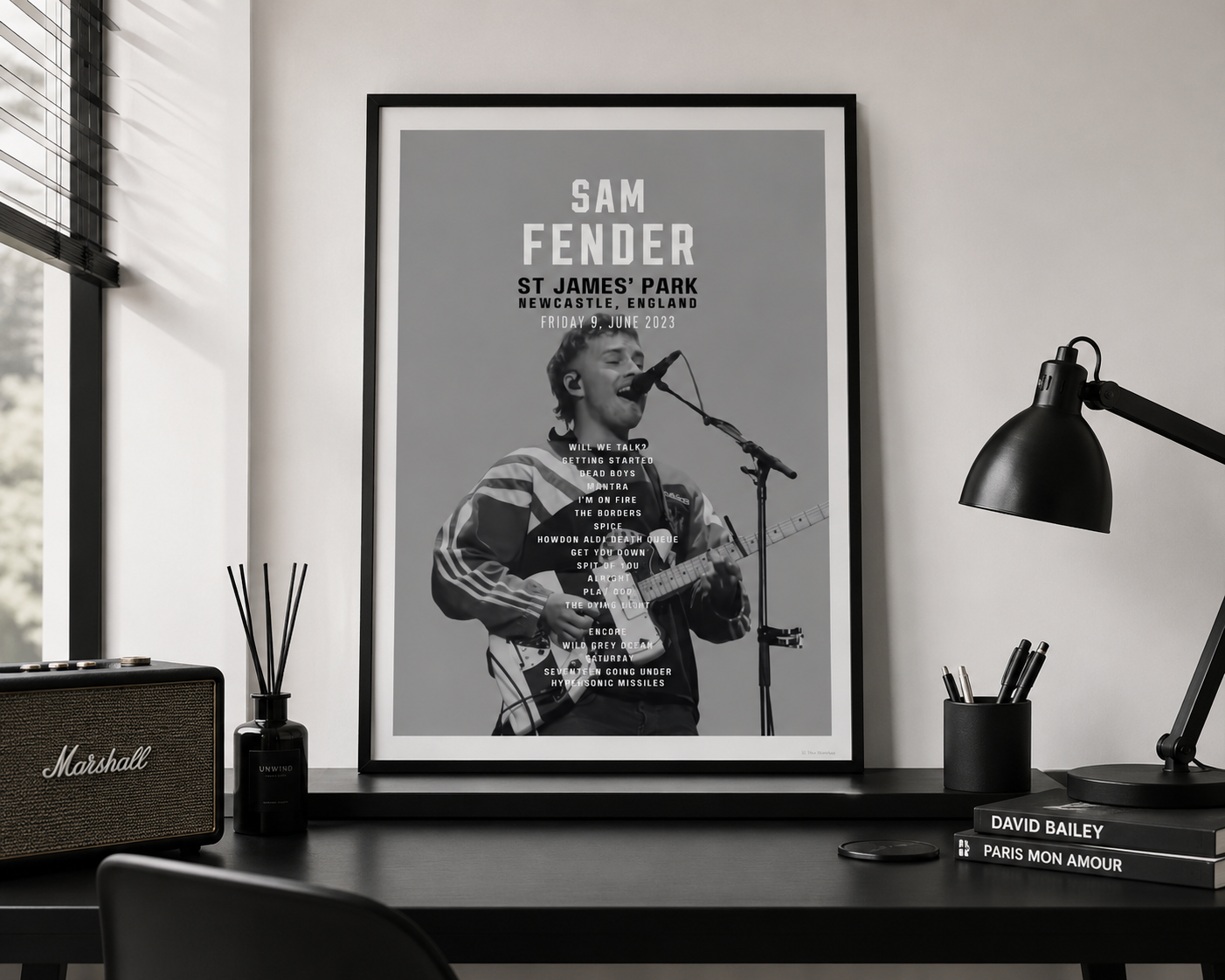 Premium Sam Fender concert poster print showcasing the St James' Park 2023 setlist, displayed in a contemporary bedroom with indie-inspired décor and record collection.