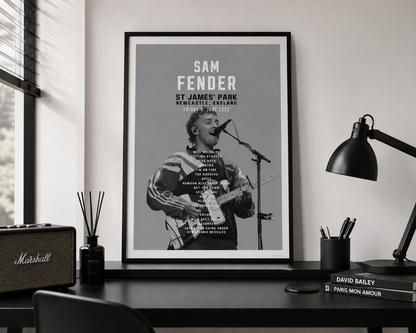 Premium Sam Fender concert poster print showcasing the St James' Park 2023 setlist, displayed in a contemporary bedroom with indie-inspired décor and record collection.