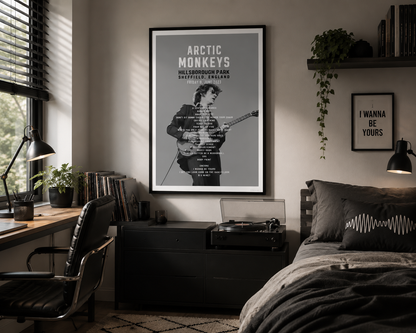 Arctic Monkeys Hillsborough Park Sheffield concert setlist poster displayed in a stylish modern living room with a vinyl record player, Marshall speaker and contemporary décor.