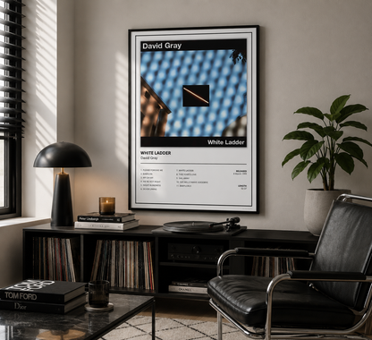 Premium David Gray White Ladder album poster print showcased in a contemporary bedroom with a desk, record collection and modern Scandinavian-inspired décor.