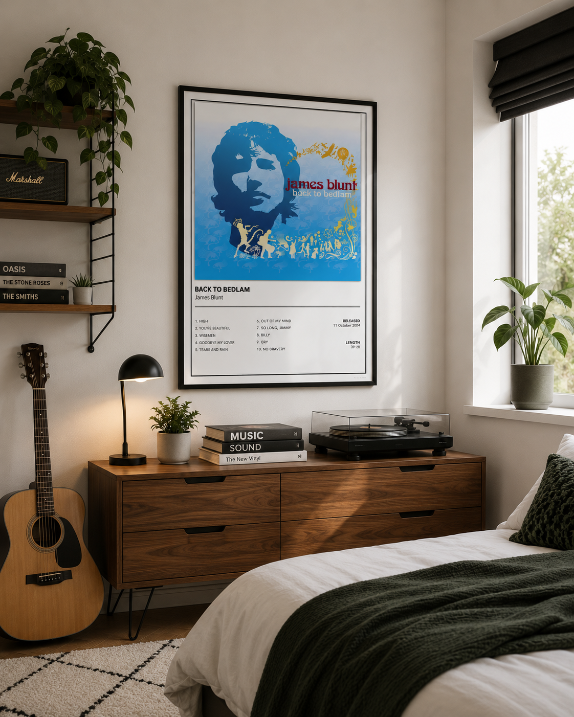 Minimalist James Blunt Back to Bedlam wall art featuring the iconic album cover and complete tracklist, styled in a bright Scandinavian-inspired bedroom.