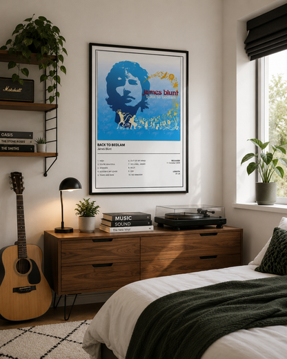 Minimalist James Blunt Back to Bedlam wall art featuring the iconic album cover and complete tracklist, styled in a bright Scandinavian-inspired bedroom.