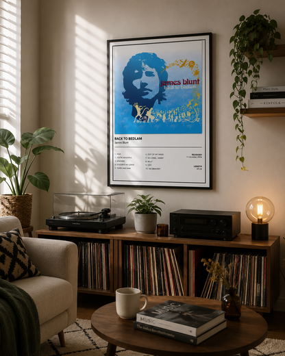 Premium James Blunt Back to Bedlam album poster print showcased in a stylish contemporary bedroom with vinyl player, natural wood furniture and warm neutral interiors.