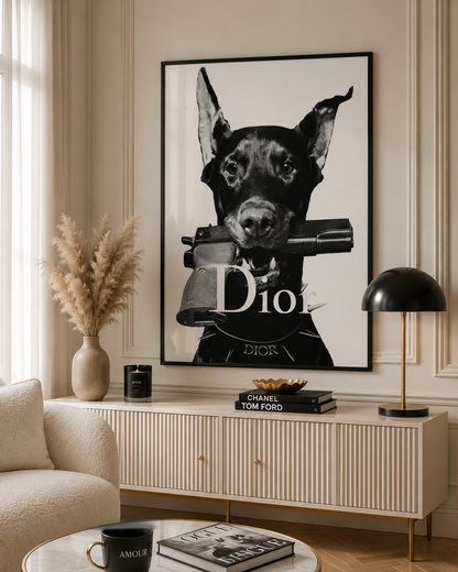 Designer-inspired Doberman wall art displayed in a modern monochrome interior with luxury styling and premium décor.