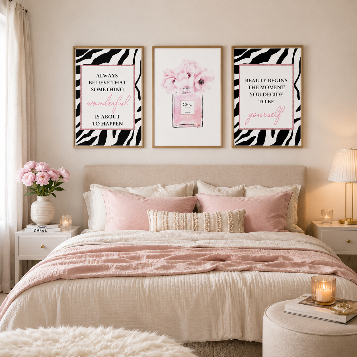 Set of three pink fashion wall art prints featuring a chic perfume bottle illustration with floral design and stylish motivational quote prints in black, white and blush pink for modern bedroom decor.