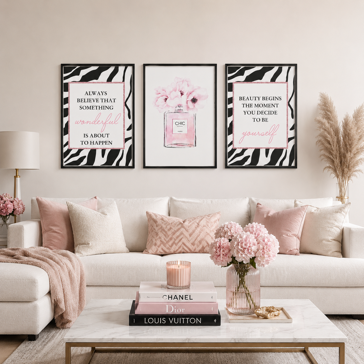 Luxury fashion-inspired gallery wall set of three including pink perfume bottle artwork and elegant quote prints with zebra pattern accents, perfect for dressing rooms, beauty rooms and feminine home decor.