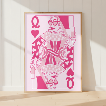 Pink Queen of Hearts playing card wall art print with heart sunglasses and champagne flute in a modern graphic illustration.