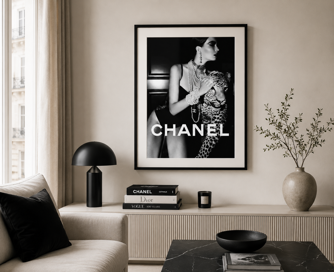 Black and white leopard fashion print styled in a modern neutral living room with luxury designer-inspired décor.