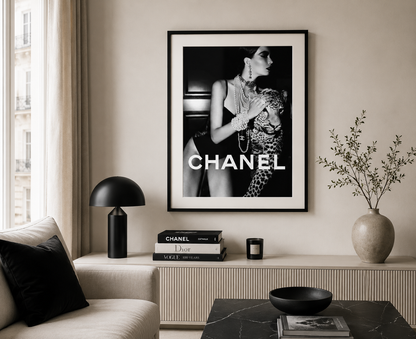 Black and white leopard fashion print styled in a modern neutral living room with luxury designer-inspired décor.
