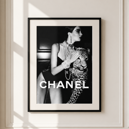 Luxury monochrome leopard fashion wall art featuring an elegant editorial portrait and leopard in a black frame.