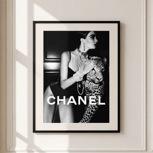 Luxury monochrome leopard fashion wall art featuring an elegant editorial portrait and leopard in a black frame.