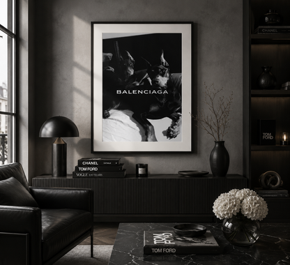 Black and white Balenciaga-inspired Doberman wall art styled in a contemporary luxury living room.