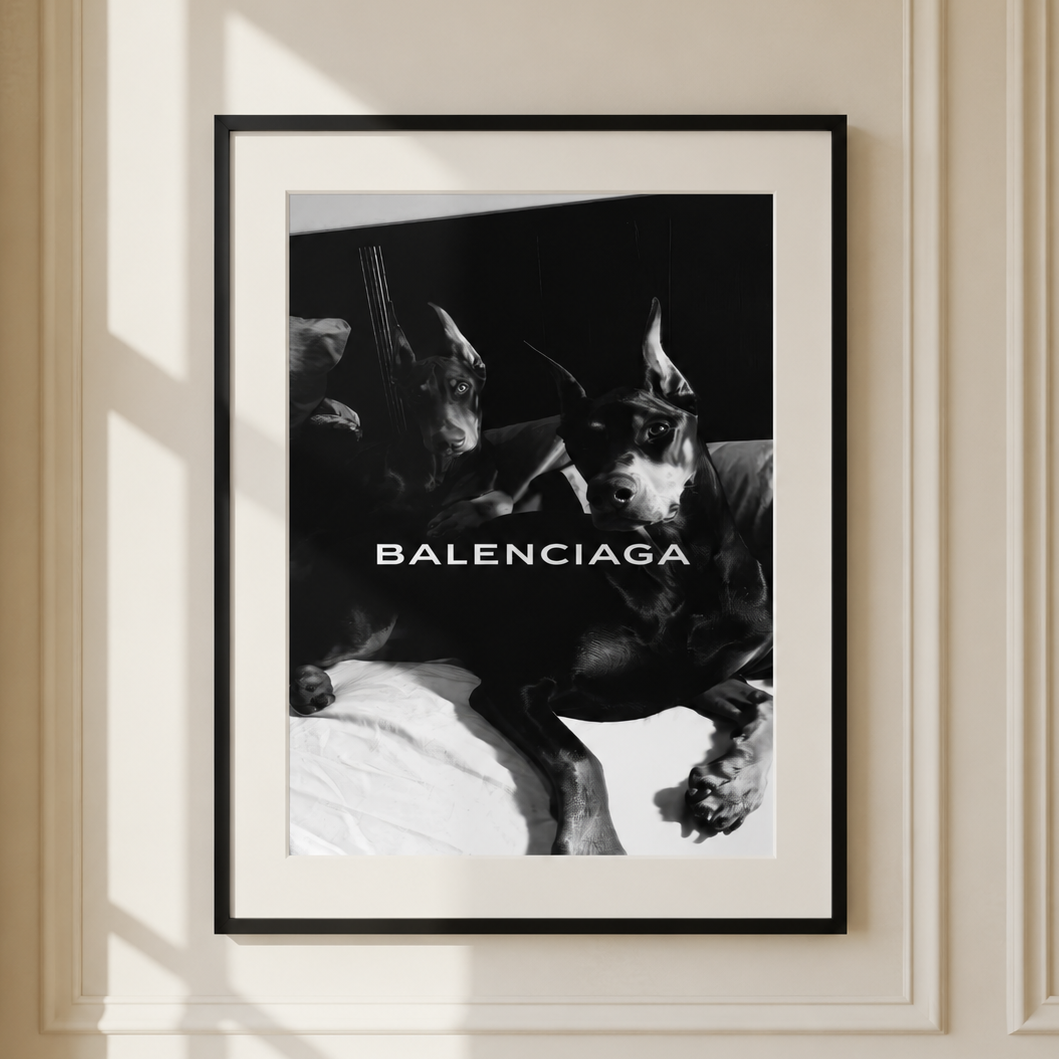 Luxury Balenciaga Doberman wall art featuring two black Dobermans in a monochrome editorial fashion print.