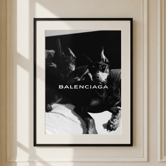 Luxury Balenciaga Doberman wall art featuring two black Dobermans in a monochrome editorial fashion print.