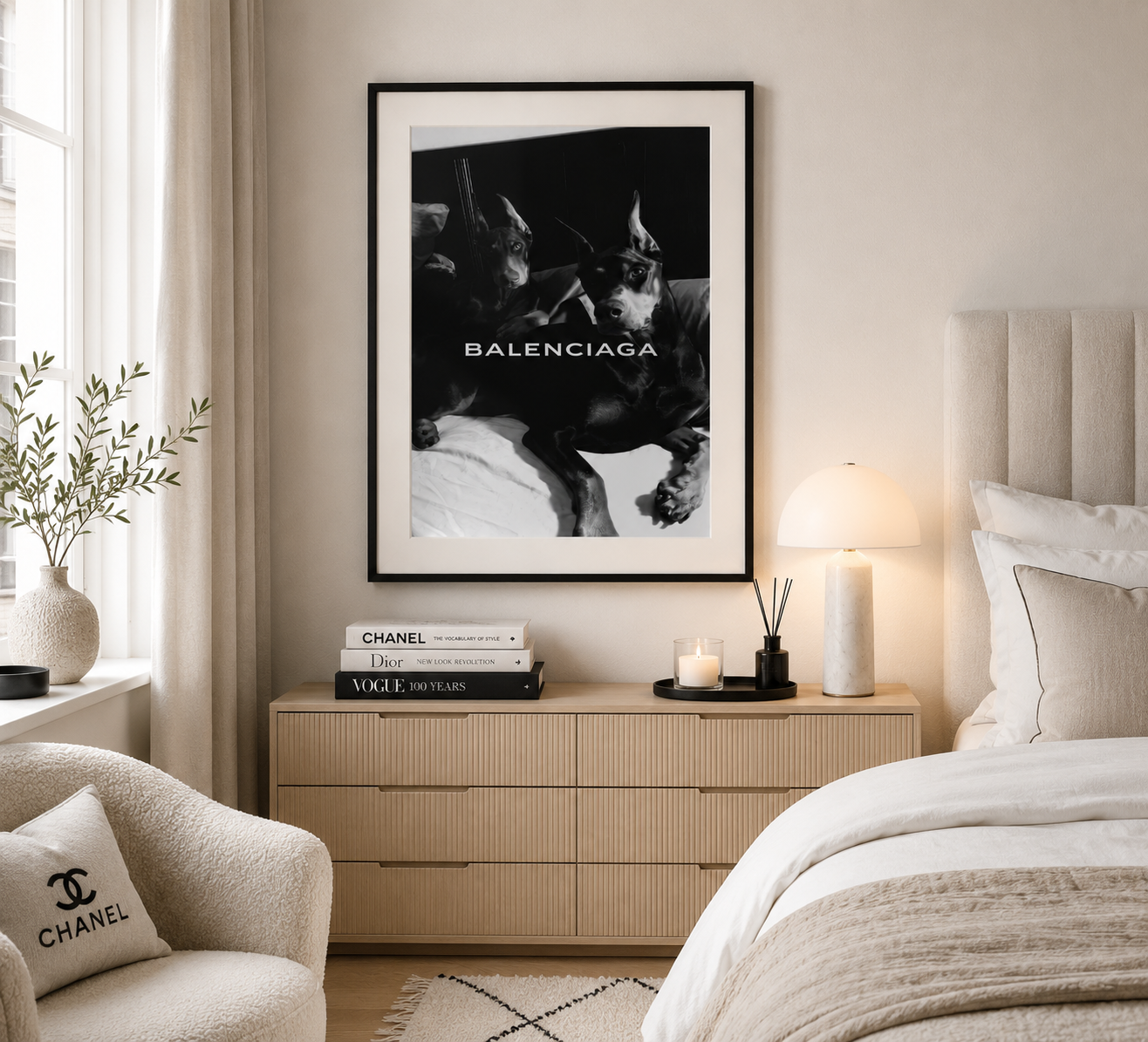 Designer-inspired Balenciaga Doberman print combining monochrome dog photography with luxury fashion styling.