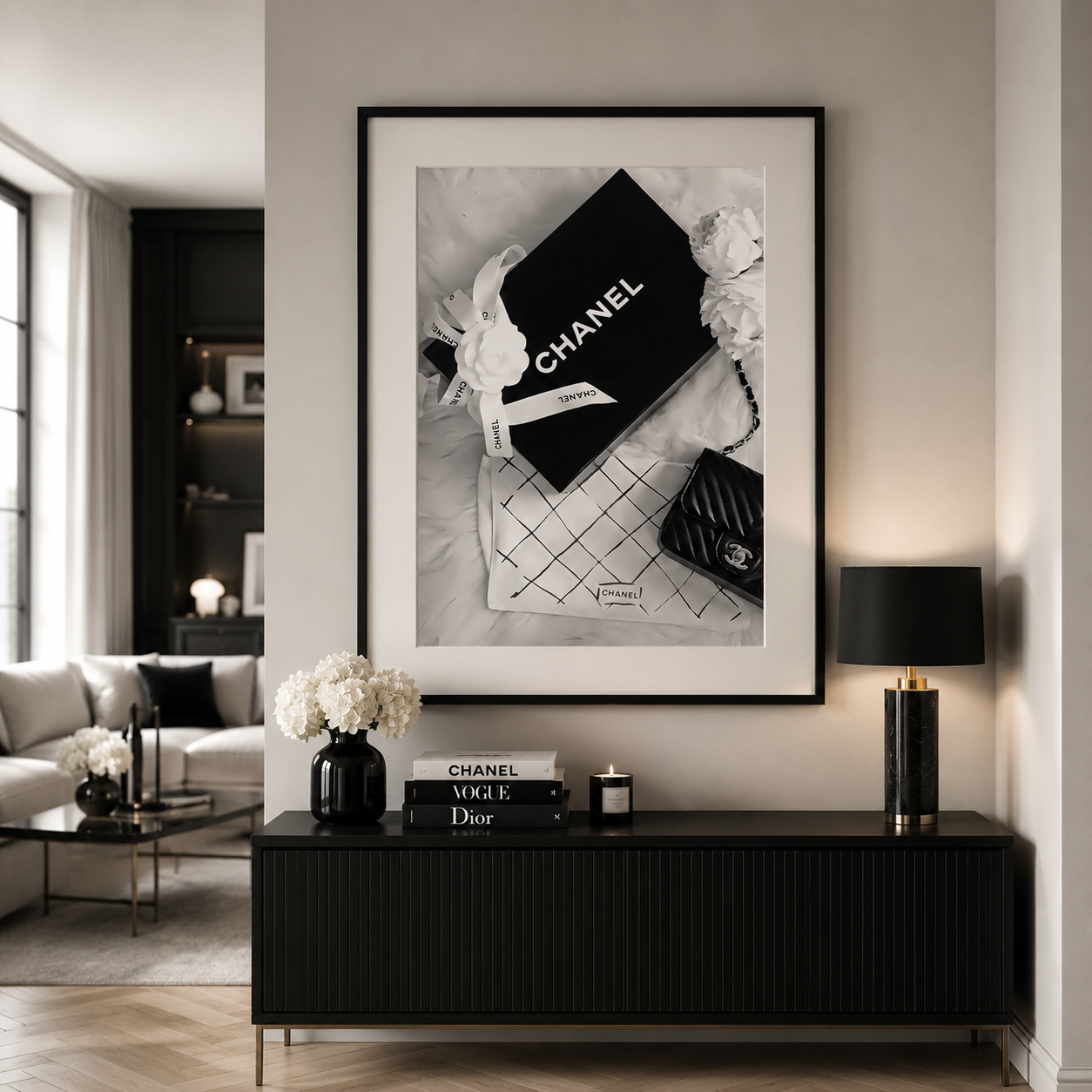 Black and white luxury fashion flat lay wall art styled in a contemporary bedroom with a black frame and ivory mount.