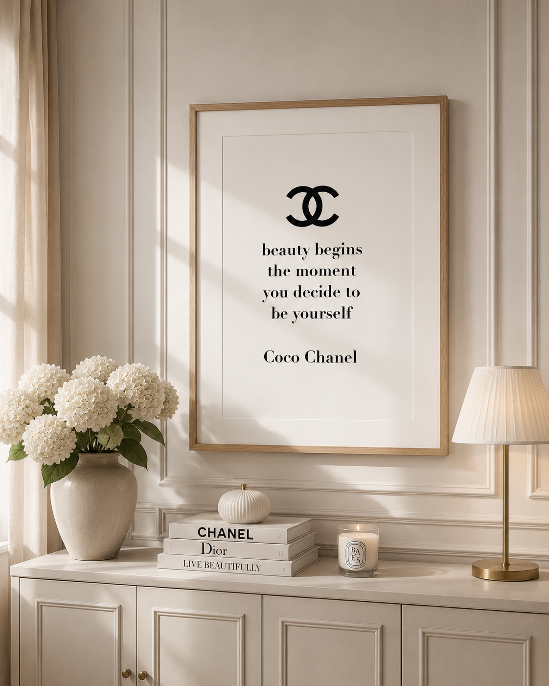 Minimalist Coco Chanel inspirational quote wall art for bedrooms, dressing rooms and beauty rooms.