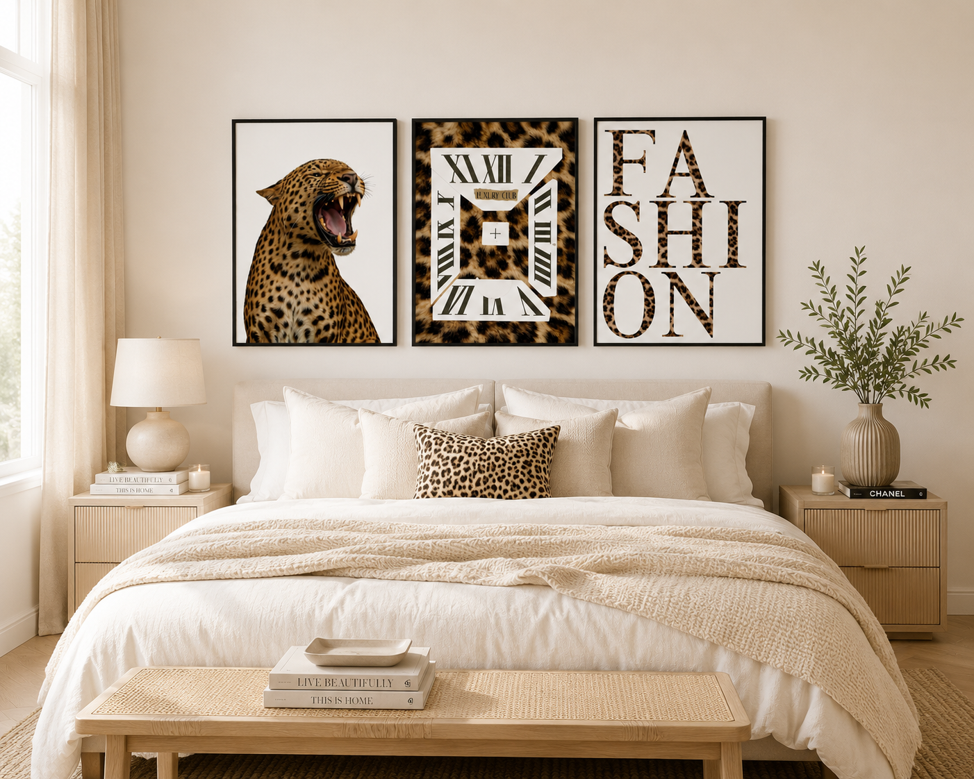 Designer inspired leopard gallery wall set with roaring leopard artwork, luxury clock print and fashion typography for contemporary interiors.