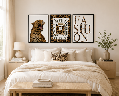 Designer inspired leopard gallery wall set with roaring leopard artwork, luxury clock print and fashion typography for contemporary interiors.