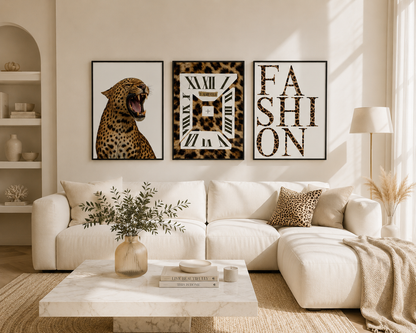 Modern neutral living room styled with luxury leopard wall art including roaring leopard, designer inspired clock and fashion typography prints.