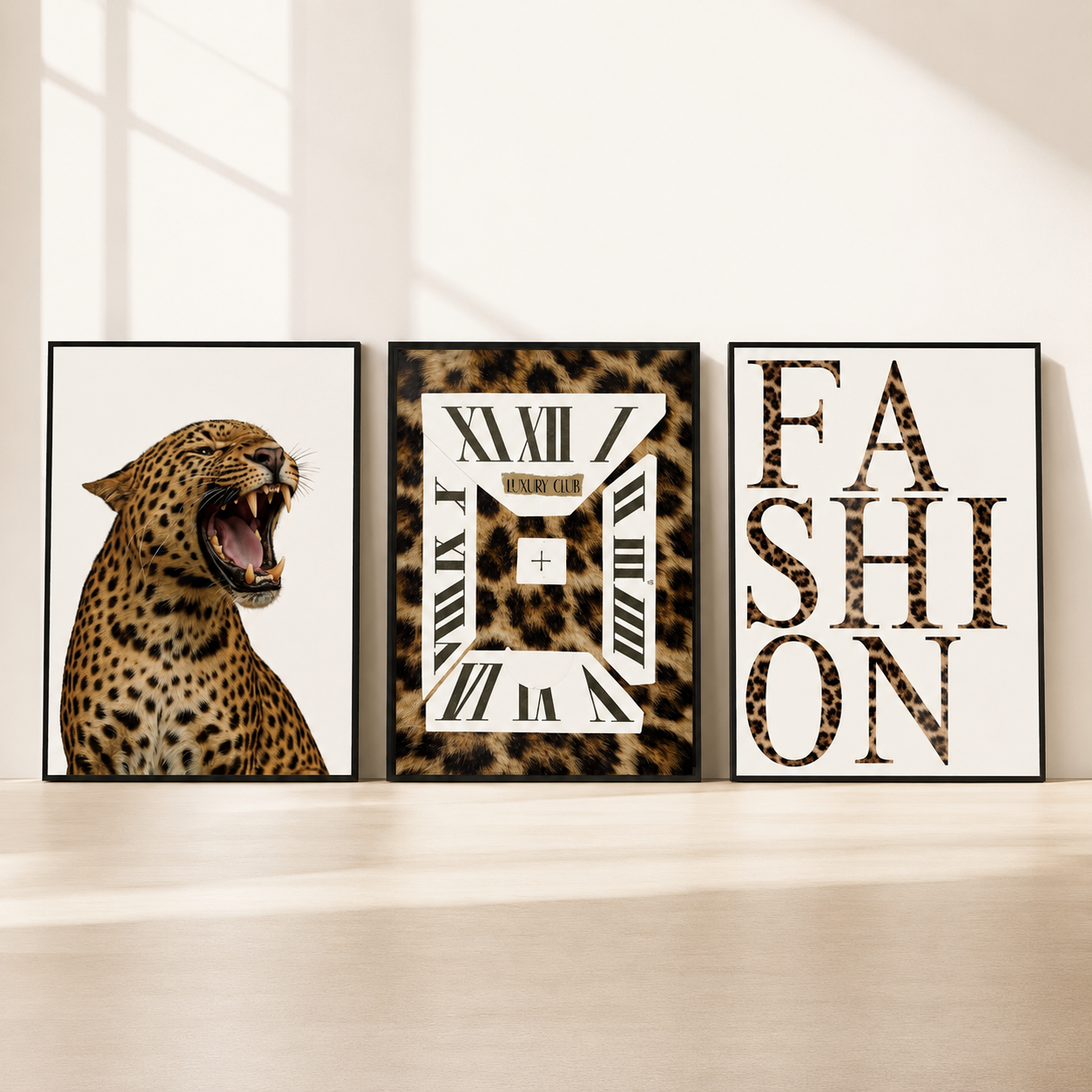 Luxury leopard wall art set featuring a roaring leopard, leopard print clock and fashion typography displayed in black frames.