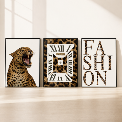 Luxury leopard wall art set featuring a roaring leopard, leopard print clock and fashion typography displayed in black frames.
