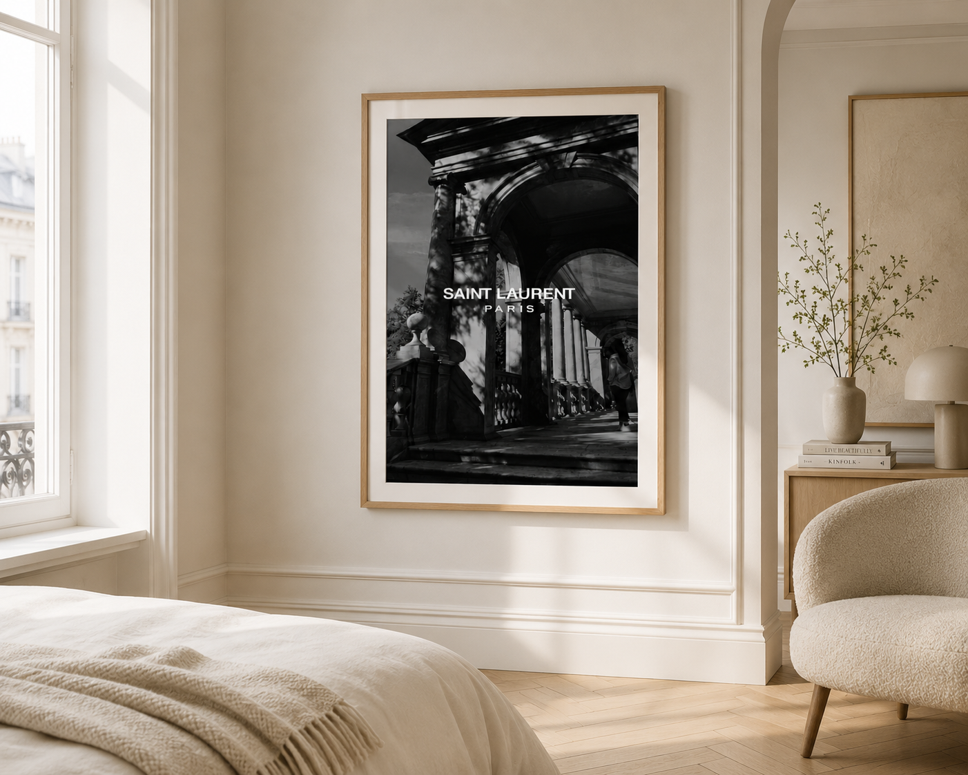 Luxury monochrome Paris architecture print with fashion-inspired typography styled in a bright contemporary bedroom.
